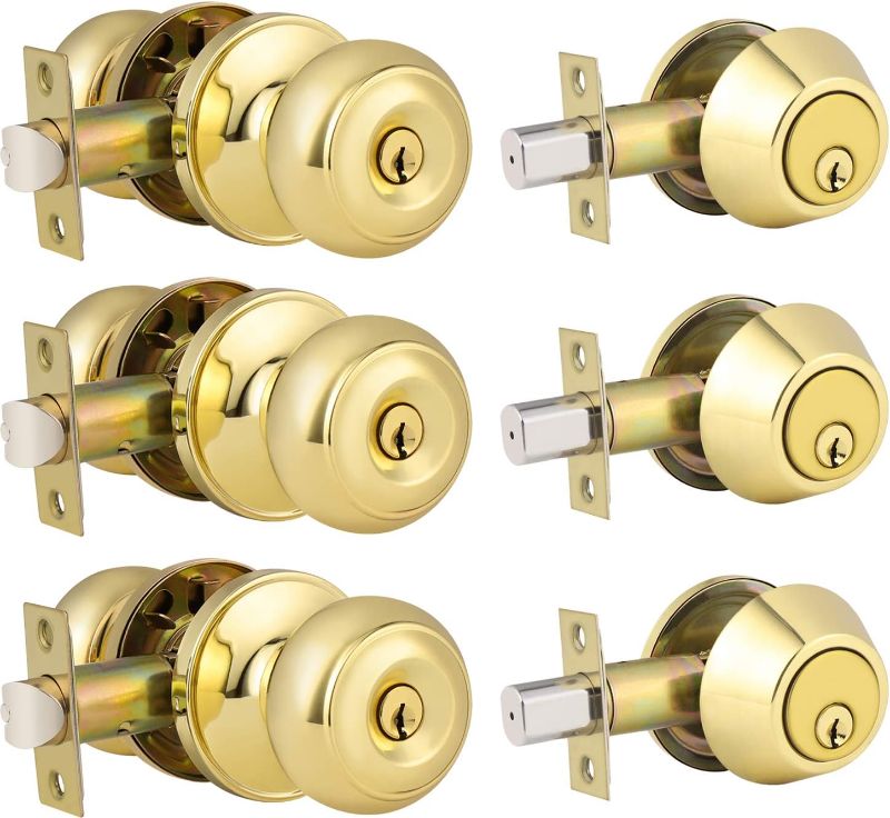 Photo 1 of 3 Pack Keyed Alike Entry Door Knob and Single Cylinder Deadbolt Lock Combo Set, Front Door Entry Knobs Lockset and Deadbolt Combination Set, Keyed Entry Knobset with Same Keys, Polished Brass
