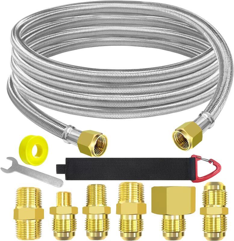 Photo 1 of 12 Feet High Pressure Braided Propane Hose Extension with Conversion Coupling 3/8" Flare to 1/2" Female NPT, 1/4" Male NPT, 1/8" NPT Male,3/8" Male NPT, 3/8" Male Flare for BBQ Grill, Fire Pit, Heater https://a.co/d/98vy2kW