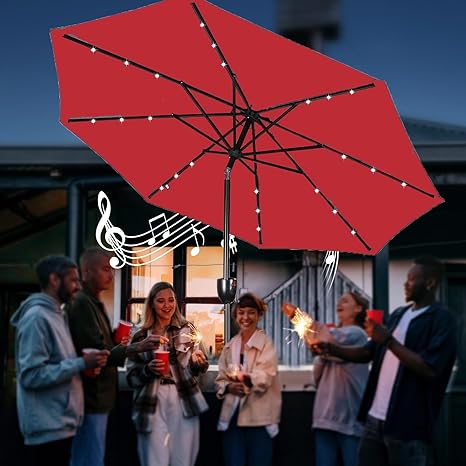 Photo 1 of 9’ Patio Market Umbrella Crank and Tilt with Solar Powered 24 LED and Bluetooth Speaker