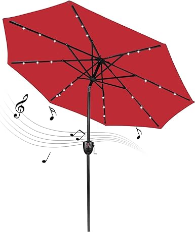 Photo 1 of 9’ Patio Market Umbrella Crank and Tilt with Solar Powered 24 LED and Bluetooth Speaker
