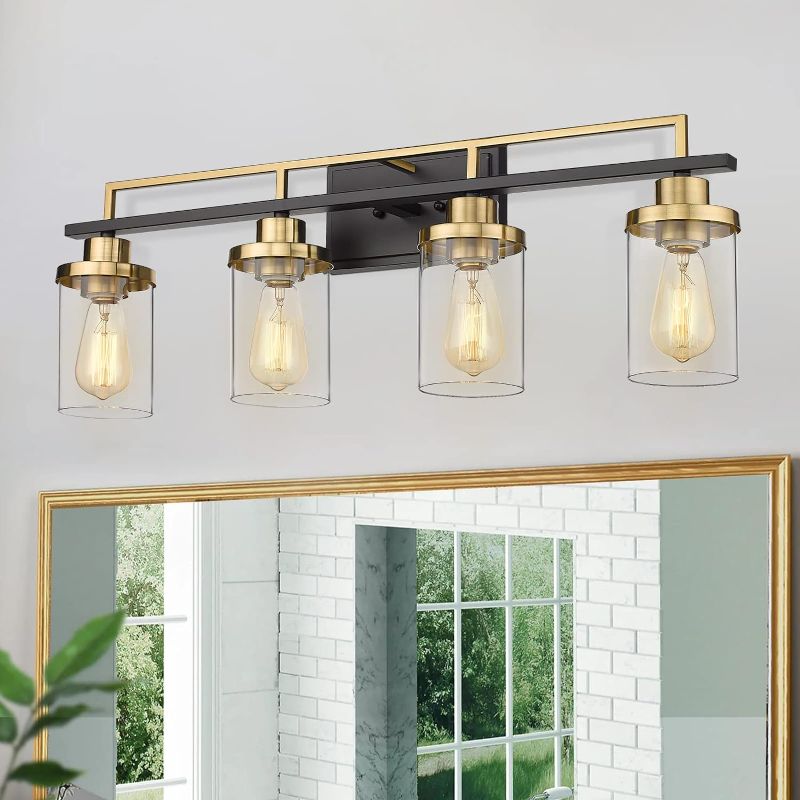 Photo 1 of **USED ONE GLASS COVER MISSING** Emliviar Modern Bathroom Vanity Light - 4-Light Wall Lights for Bathroom, Black and Gold Finish with Clear Glass, YCE238B-4W BK+BG
