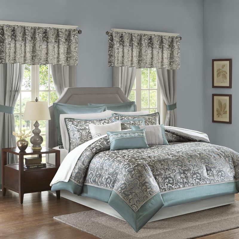 Photo 1 of Madison Park 24 Piece Faux Silk Paisley  Comforter Set with Matching Curtains, Down Alternative Hypoallergenic - Teal Unknown size 