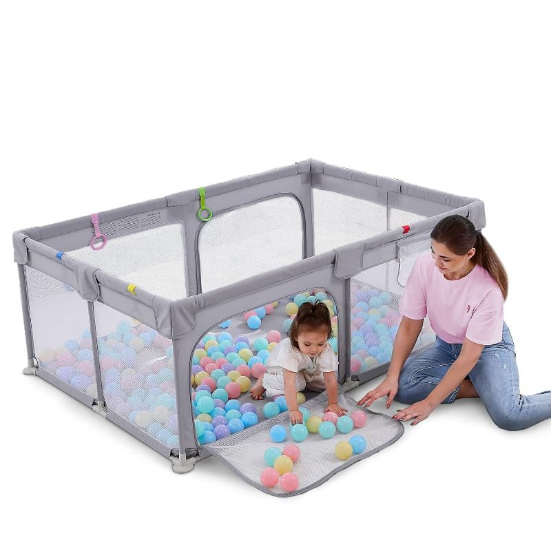 Photo 1 of **USED FOR PARTS** Dripex Baby Playpen, 71"x47" Large Play Pens for Babies and Toddlers, Safe Anti-Fall Play Yard, Visible Baby Play Pen with Gate, Baby Fence Play Area with Pull-up Ring, Washable Baby Play Yards, Grey
