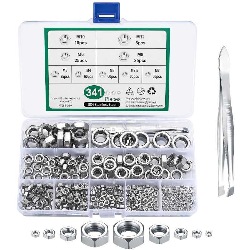 Photo 1 of ** USED** Metric Hex Nuts Assortment Kit, 340pcs Stainless Steel Metric Lock Nuts, Assorted Locking Hex Nuts Set for Screw Bolt Nuts, with 1 x Tweezers - M2, M2.5, M3...
