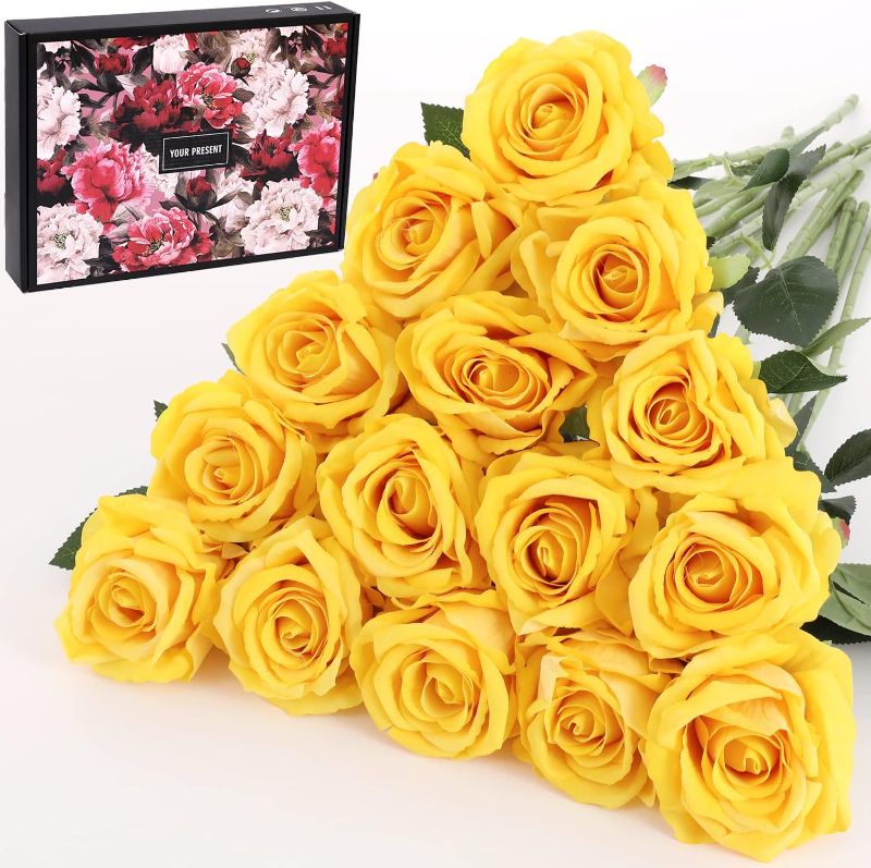 Photo 1 of 15Pcs Artificial Roses Velet Real Touch Single Stem Fake Roses Silk Realistic Bouquet Flowers Arrangements Home Office Garden Grave Party Wedding Decoration (Yellow-15p, Blossom Roses)