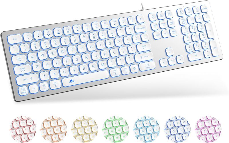 Photo 1 of Aluminum Quiet Wired Keyboard Backlit- Slim Chiclet Keyboard Compatible with Apple iMac, MacBook, Mac and PC, USB Keyboard Numeric Keypad RGB Lighted Key - Silver White