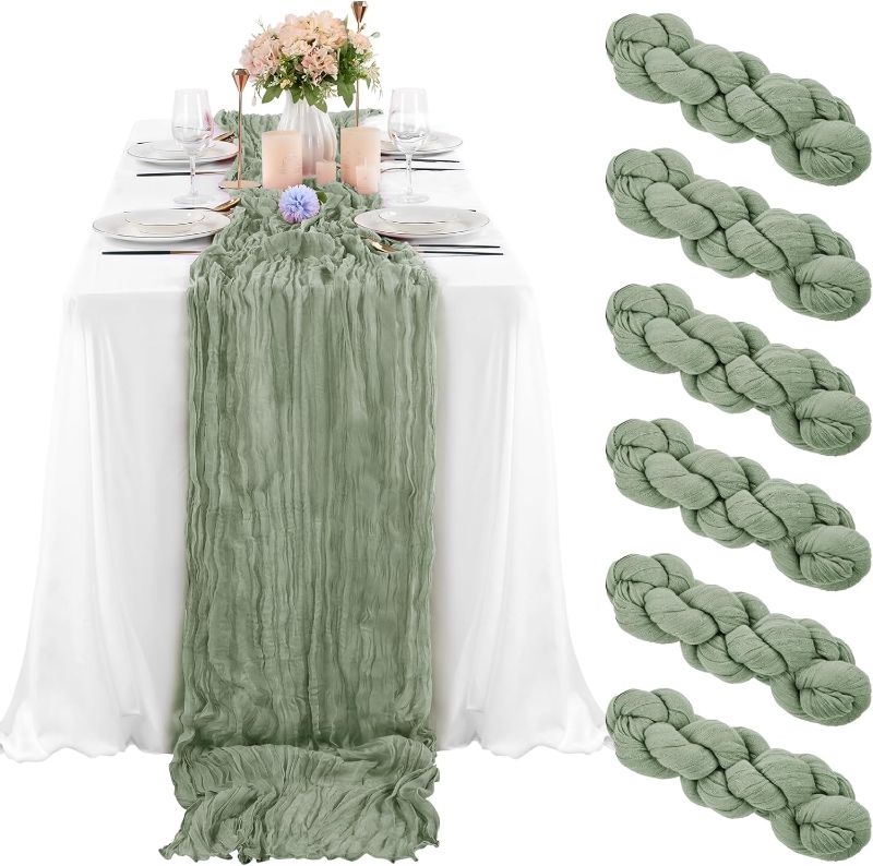 Photo 1 of 6 Pcs Sage Green Cheesecloth Table Runner 10FT, Gauze Table Runner for Wedding Reception Sheer Bridal Shower Birthday Party Boho Table Decoration, Rustic Romantic Wedding Runner