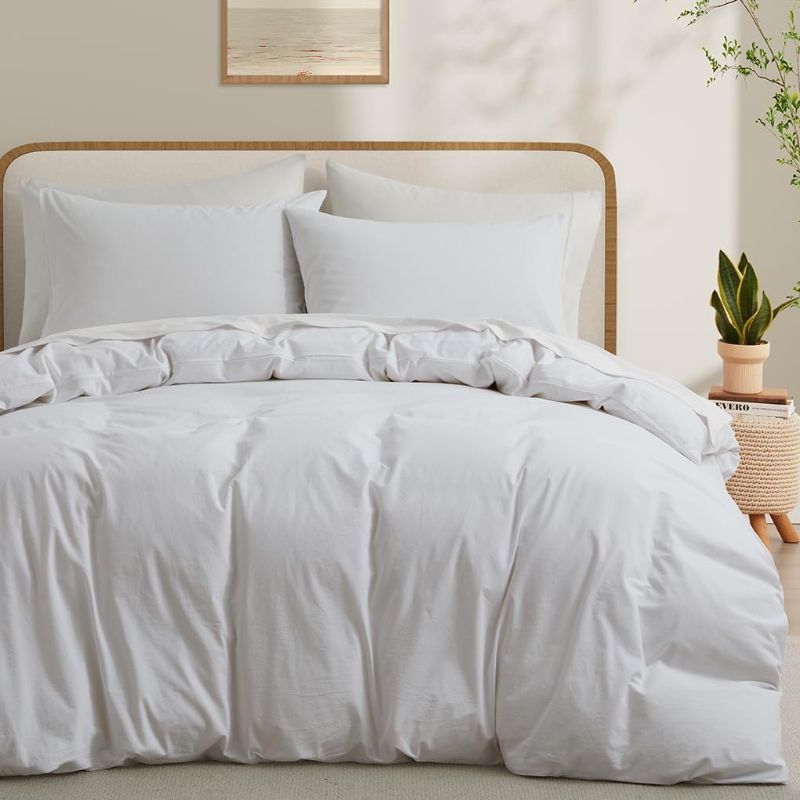 Photo 1 of 100% Washed Cotton Duvet Cover Queen Size, White Linen Like Breathable Natural Bedding Set (No Comforter), 90x90 Inches