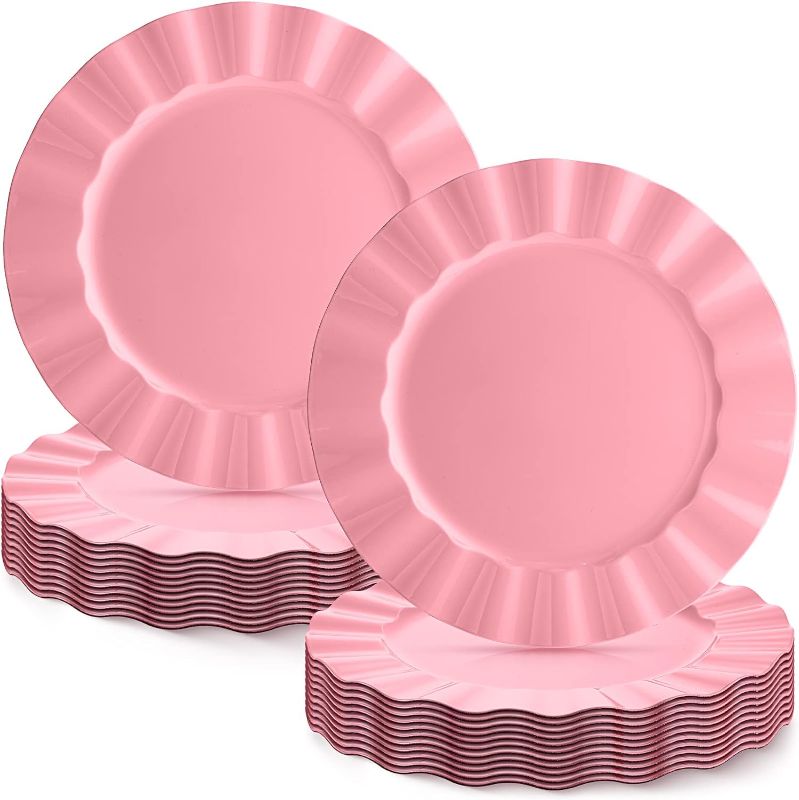 Photo 1 of 24 Pcs Charger Plates Bulk 13 Inches Pink Plastic Reusable Heavy Duty Large Round Dinner Chargers with Scalloped Rim for Wedding Baby Shower Party Banquet Birthday Christmas Table Decoration