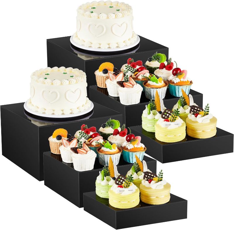 Photo 1 of 6 Pcs Acrylic Riser Set 8 9 10 In Buffet Risers with Hollow Bottoms Nesting Food Display Stands for Party 5 Side Acrylic Cubes for Display Catering Dessert Cupcake Weddings Party (Black)