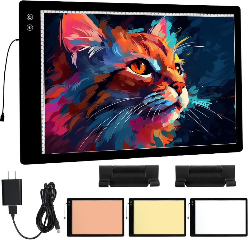 Photo 1 of Rechargeable A2 Light Pad, 3-Color Light Setting Diamond Painting LED Light Board, 6-Level/Stepless Adjusted Brightness Large Size Tracing Light Box Kits with 2 Clips for Drawing, Sketching, Animation