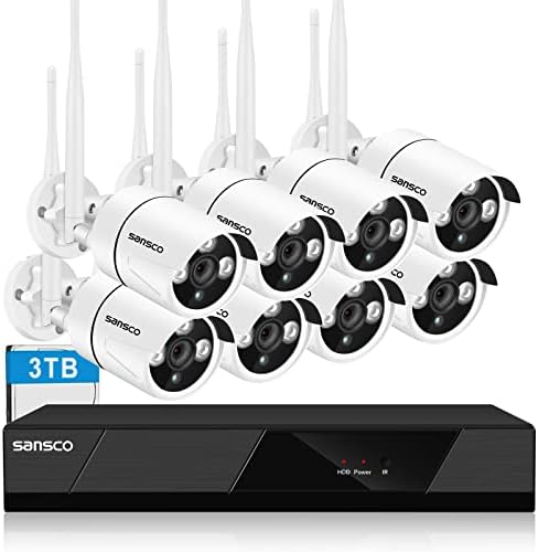 Photo 1 of 3TB WiFi Kit] SANSCO CCTV Security Camera System with HDD & Audio Rec, 8CH NVR, (8) 3MP HD Outdoor IP Bullet Cameras (Rapid USB Backup, App/Email Alert, Night Vision | IP66)