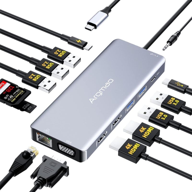 Photo 1 of USB C Laptop Docking Station, 14 in 1 Type C Hub with 3 Monitors, Dual HDMI, VGA, PD, Ethernet, SD/TF, USB C/A Ports, Mic/Audio, Multiport Adapter Dongle Compatible for MacBook/Dell/HP/Lenovo Laptops
