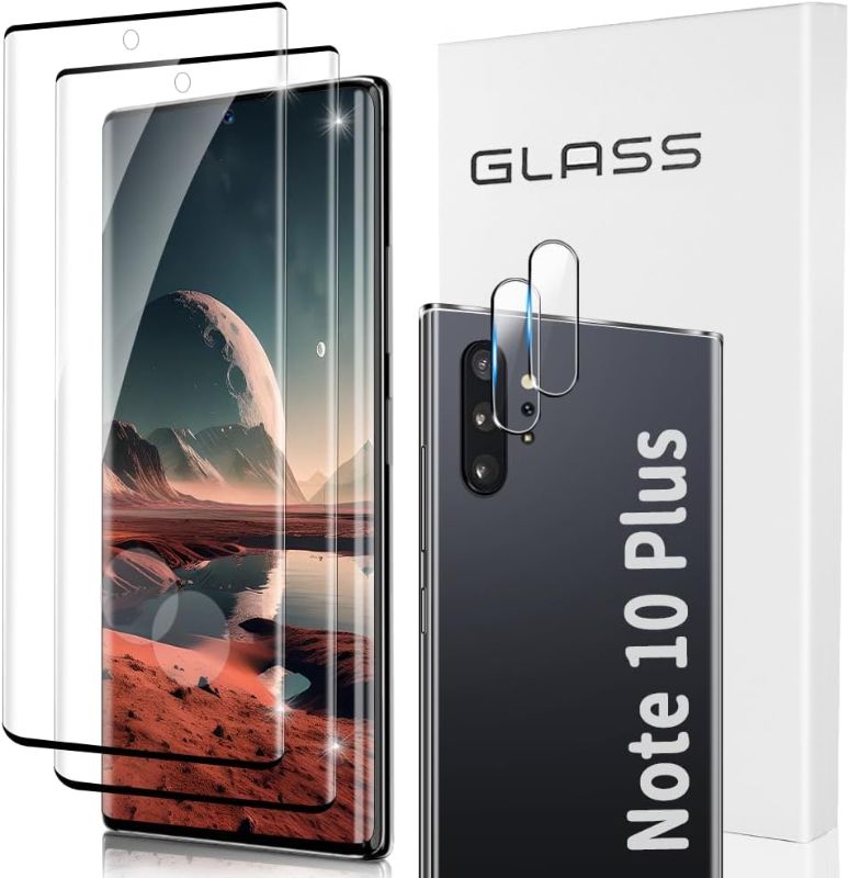 Photo 1 of [2+2 Pack] Galaxy Note 10 Plus Screen Protector with Camera Lens Protector, Support Fingerprint, HD Clear, 3D Curved, 9H Hardness Tempered Glass Film for Samsung Galaxy Note 10 Plus (6.8 Inch) 