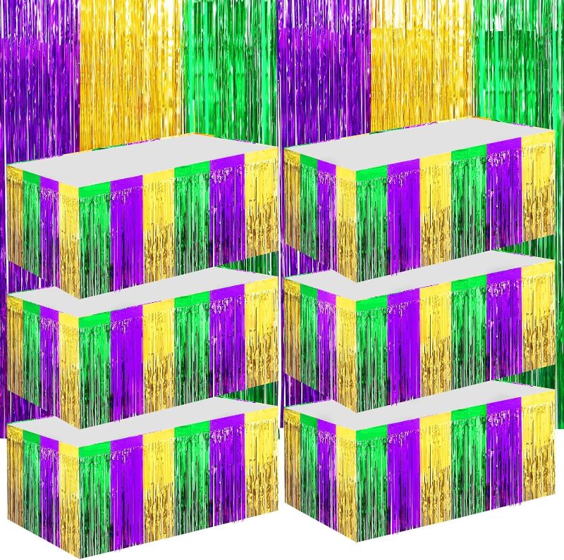 Photo 1 of 6 Packs Mardi Gras Table Skirts & 2 Pack Mardi Gras Tinsel Curtains,29x108 Inch Metallic Foil Fringe Table Skirts for Carnival Mardi Gras New Orleans Masquerade Party 