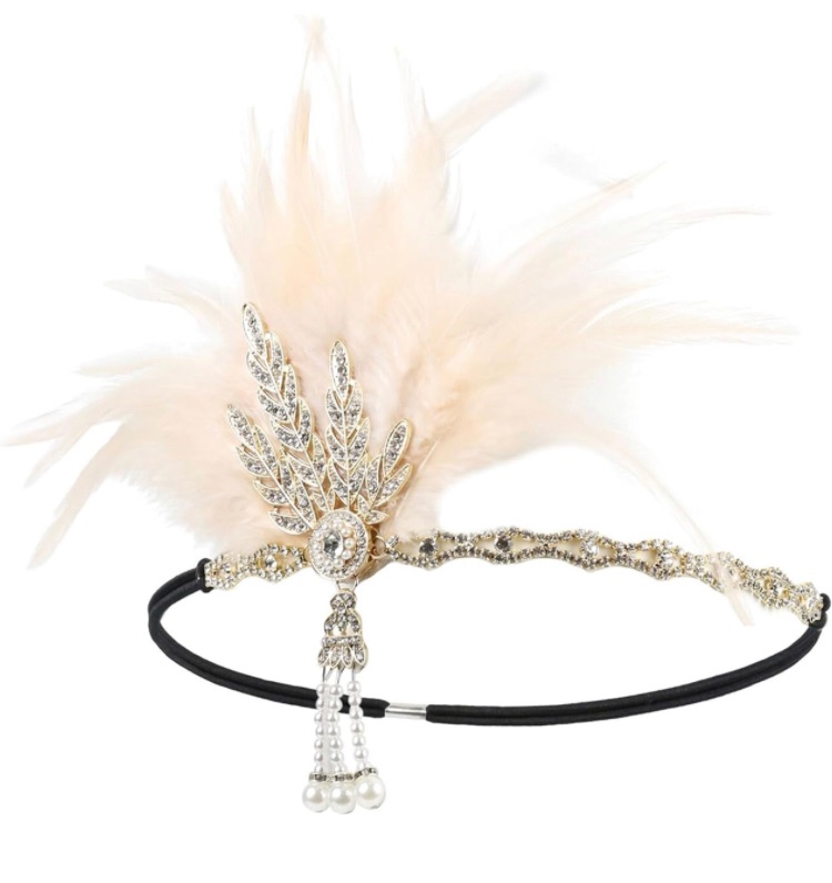 Photo 1 of ACTLATI 20s Flapper Headband 1920s Roaring Gatsby Vintage Feather Headpiece Cocktail Party Hair Accessories for Women