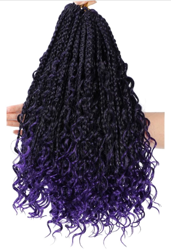 Photo 1 of 8 Packs Crochet Box Braids- 14 Inch Goddess Box Braids Crochet Hair Bohomian Crochet Braids Hair Synthetic Braiding Hair Extensions Crochet Hair for black women (14(8Packs), 1B/Purple