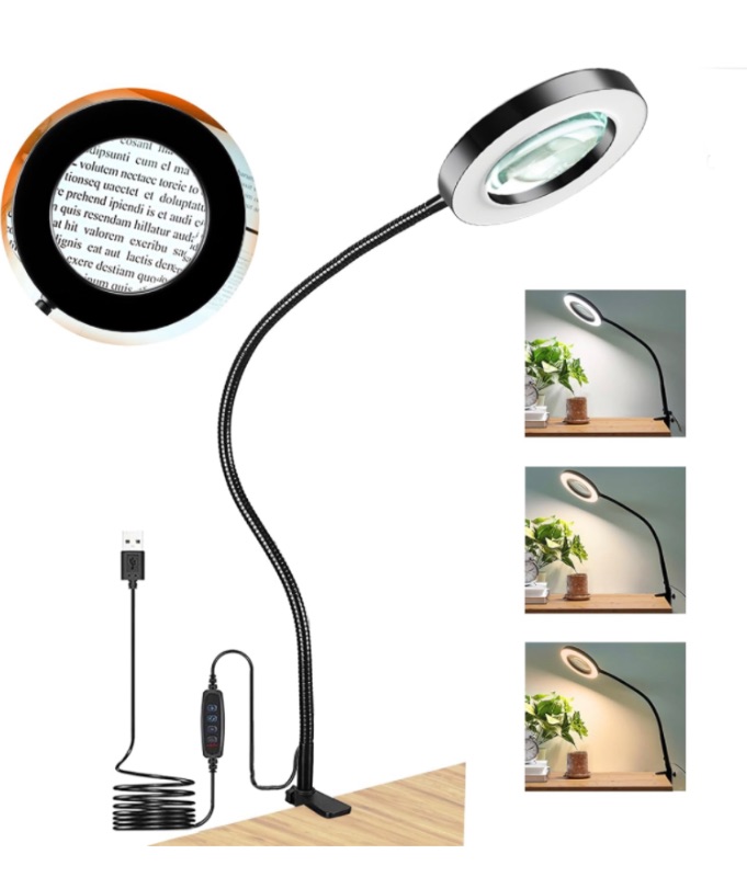 Photo 1 of 10X Magnifying Glass with Light and Clamp, 3 Color Modes Stepless Dimmable Lighted Magnifying Lamp, Flexible Gooseneck LED Magnifier with Stand for Craft Hobby Reading Repair Close Work