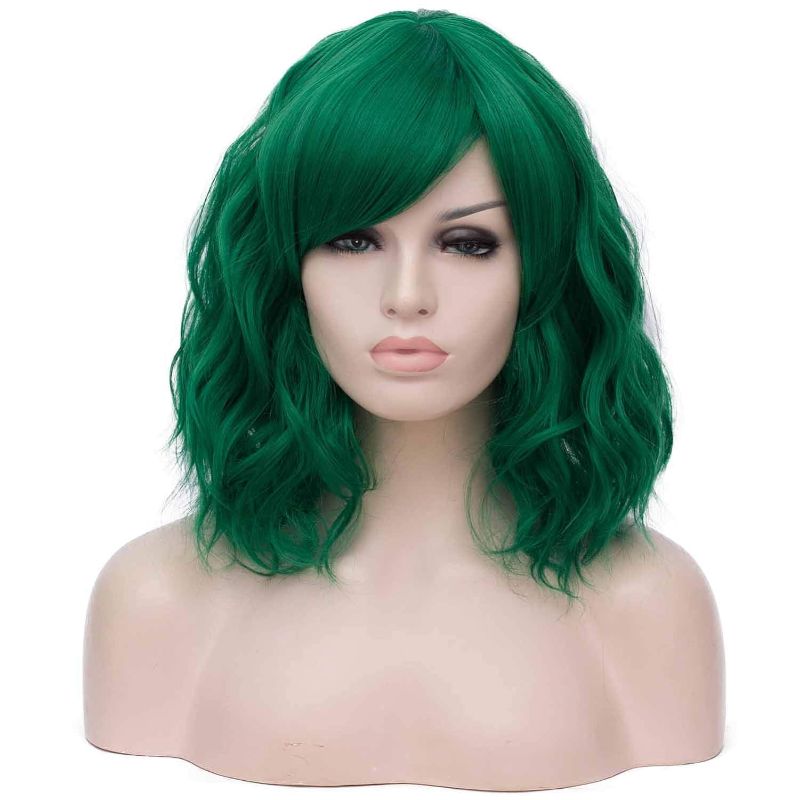 Photo 1 of Mildiso Dark Green Wigs for Women Short Curly Wavy Bob Wig with Bangs Green Hair Wig with Wig Caps Cute Colorful Synthetic Wig for Daily Party M073