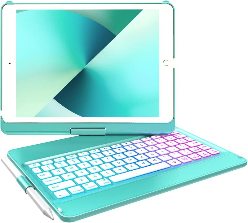 Photo 2 of MMK® Keyboard Case for iPad 10.2 inch 9th Gen 2021,iPad 8th Generation 2020,iPad 7th Generation 2019,10 Color Backlit 360 Rotatable Wireless Detachable Bluetooth Keyboard Cover Tablet Case (LAKE BLUE)