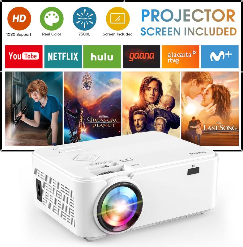 Photo 1 of  Outdoor Movie Projector with Screen - 7500L 1080P HD 200'' Supported Home Theater Projector, BIGASUO Mini Video Projector for iPhone, Phone, Laptop, PC, DVD, PS4, HDMI,USB Devices (White)