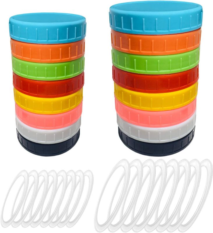 Photo 1 of 16 Pack Colored Plastic Mason Jar Lids for Ball, Kerr and More,8 Regular Mouth & 8 Wide Mouth(Silicone O-Ring Gasket included),Food-Grade Plastic Storage Caps for Mason Canning