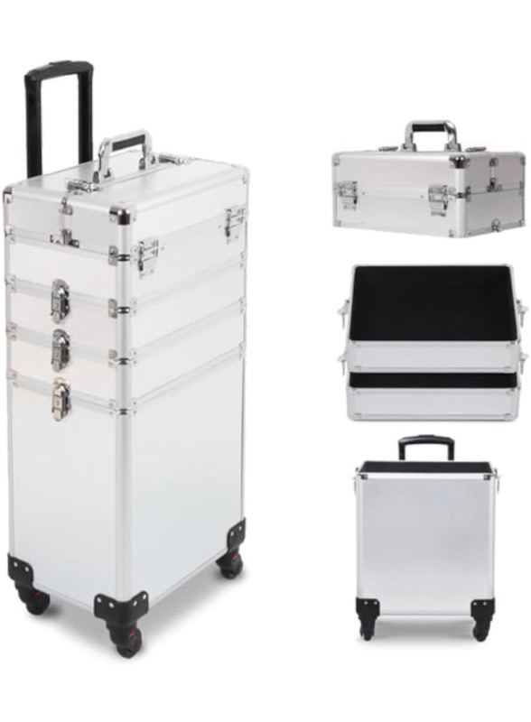 Photo 1 of 4-in-1 Makeup Train Case Lockable, Draw-bar Style Interchangeable Aluminum Rolling Makeup Case Silver 