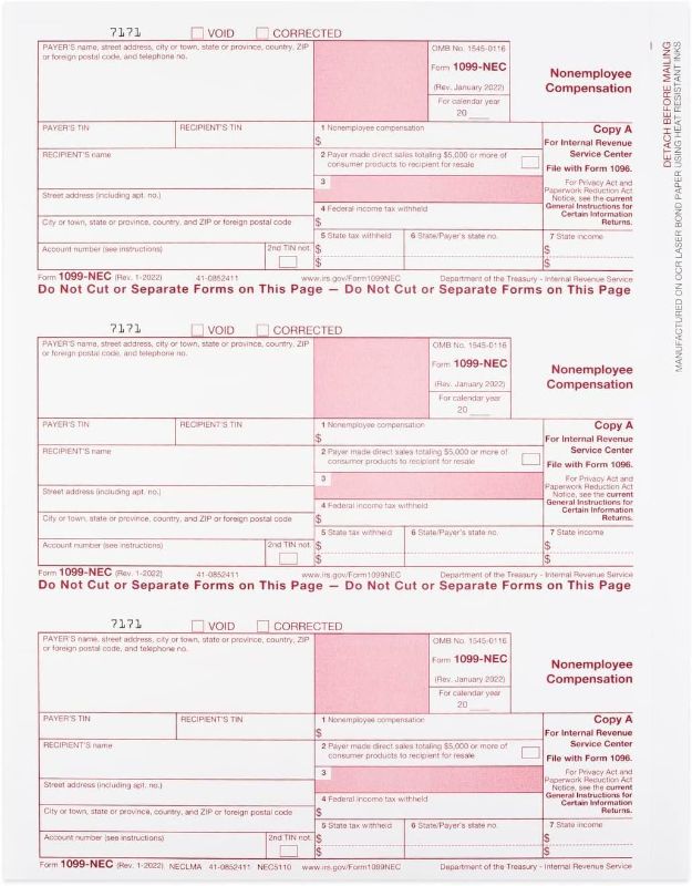 Photo 1 of 1099 NEC Copy A Forms, Federal Income Laser Tax Forms, 2023