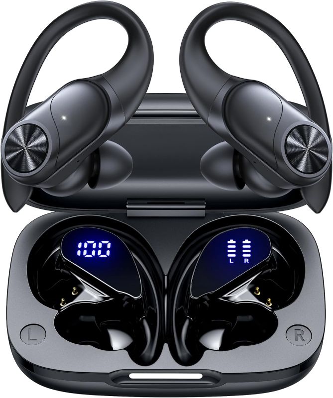 Photo 1 of Bluetooth Headphones Wireless Earbuds 80hrs Playtime Wireless Charging Case Digital Display Sports Ear buds with Earhook Premium Deep Bass IPX7 Waterproof Over-Ear Earphones for TV Phone Laptop Black
