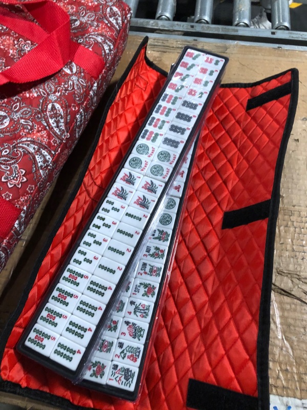 Photo 4 of American Mahjong Game Set,Red Durable Carrying Bag,166 Premium White Tiles,4 All-in-One Color Rack/Pushers,100 Chips,1 Wind Indicator,Western Mahjongg Set,Complete Ma Jong Set with English Manual Mahjong With Red Paisley Bag