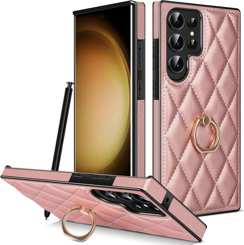 Photo 1 of COOYA for Samsung Galaxy S23 Ultra Case Kickstand Metal Ring Holder Stand Square Galaxy S23 Ultra Case PU Leather Cover Soft TPU Armor Rubber Bumper Protective Shell for Samsung S23 Ultra 6.8 RoseGold Rose Gold