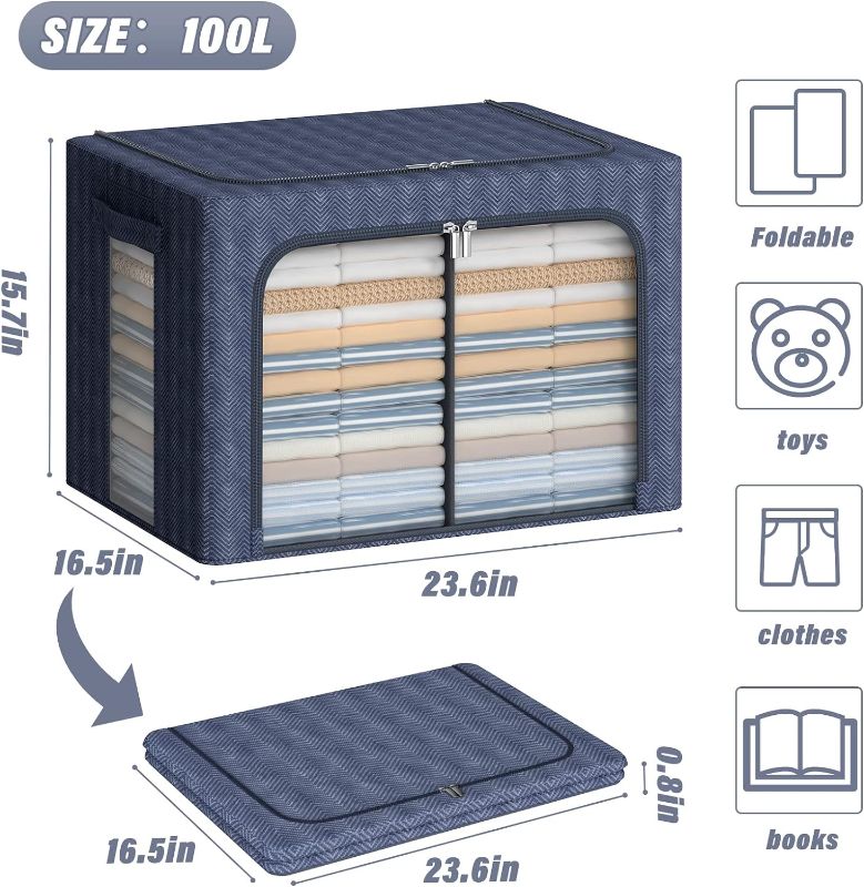 Photo 1 of  Large Capacity Clothes Storage Bins,Foldable Metal Frame Storage Box, Oxford Fabric Clothing Container Organizer Set with Clear Windows&Sturdy Carry Handles for Bedding,Clothing(100L,Blue) Blue Large-100L-23.6x16.5x15.7 ONLY ONE PACK 