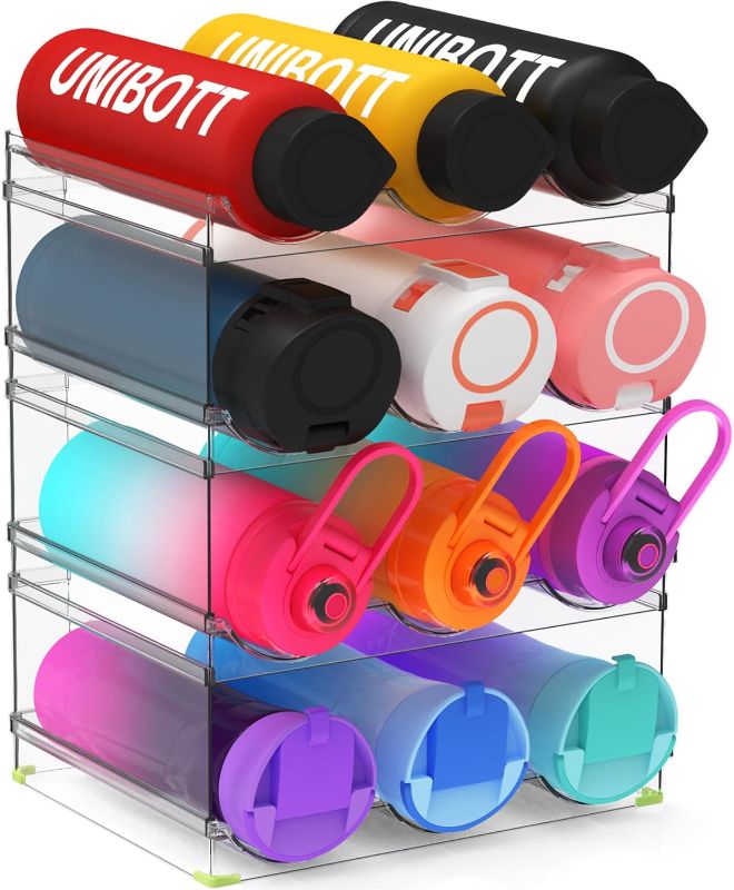 Photo 1 of 4 Tier Water Bottle Organizer,Stackable Fridge Kitchen Cabinet storage and Organization, Plastic Water Bottle Holder for Pantry Organizer and Storage Shelf, Travel Mug Cup Organizer Wine Bottle Holder