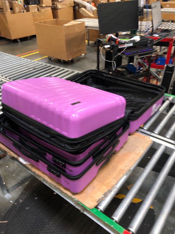 Photo 3 of **ONE LUGGAGE MISSING WHEEL** Luggage Expandable Lightweight Suitcase ABS 3 Piece Set with Hooks and TSA Lock Spinner 20in24in28in Purple used