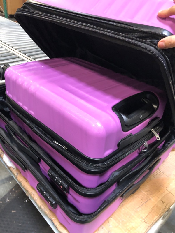 Photo 4 of **ONE LUGGAGE MISSING WHEEL** Luggage Expandable Lightweight Suitcase ABS 3 Piece Set with Hooks and TSA Lock Spinner 20in24in28in Purple used