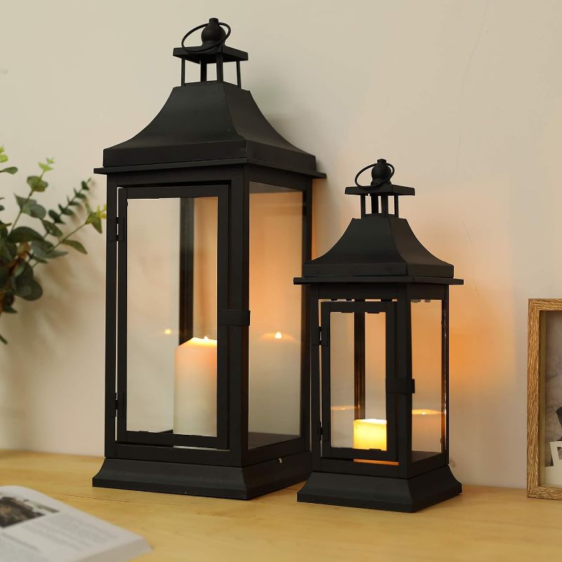 Photo 1 of ***FOR PARTS ONLY***
JHY DESIGN Set of 2 13''&19.5''Tall Outdoor Candle Lanterns Vintage Hanging Tower Lantern Metal Candle Holder for Garden Living Room Indoor Outdoor Parties Weddings Balcony(Black)