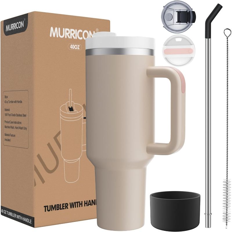 Photo 3 of 40 oz Tumbler with Handle and Straw,Reusable Vacuum Quencher Tumbler with Lid,Stainless Steel Insulated Travel Mug,for Coffee and Beverages(Rose Quartz)