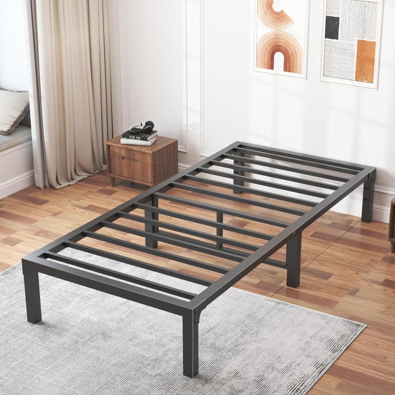 Photo 1 of 14 Inch High Platform Twin Bed Frame No Box Spring Needed, Metal Bed Frame Twin, Heavy Duty, Easy Assembly, Noise Free, Black