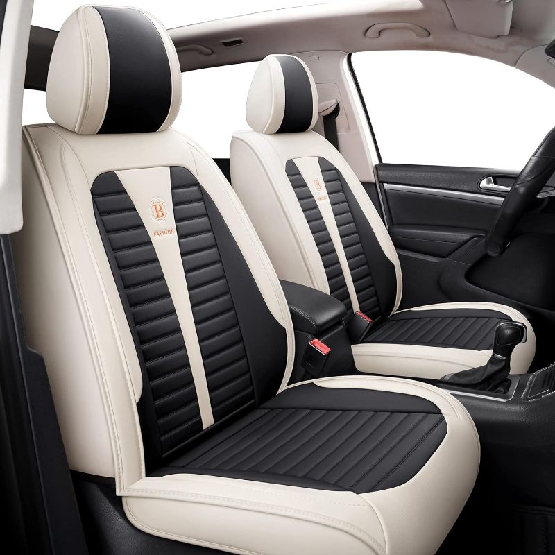 Photo 6 of Isen-CoverAuto Full Coverage Faux Leather Car Seat Covers Automotive Vehicle Cushion Universal Fit for Cars SUVs Pick-up Truck, Auto Interior Accessories Seat Covers Full Set (Black & Cream)