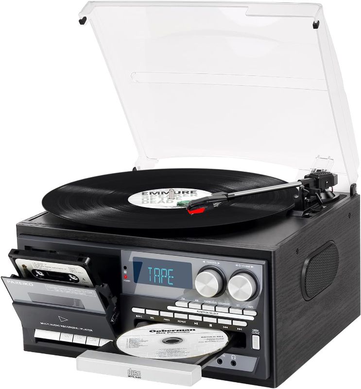 Photo 1 of Pareiko 9-in-1 Record Player Bluetooth 3 Speed Turntable for Vinyl with Built-in Speakers USB Playback CD Cassette FM AM Radio Aux in RCA Out Vintage Multifunctional LP Player