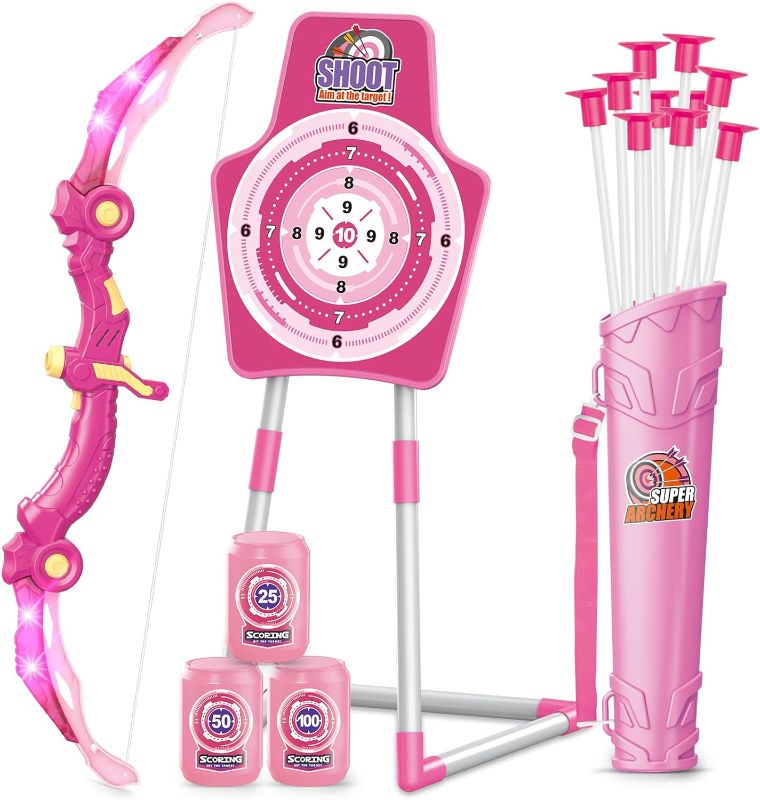 Photo 1 of Bow and Arrow Toys for Girls 5 6 7 8 Years Old, Archery Set Includes Super Bow with LED Lights, 10 Suction Cups Arrows, Archery Set with Standing Target and 3 Target Cans, for Girls