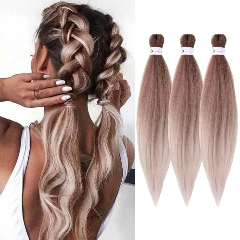 Photo 1 of Pre-Stretched Braiding Hair Ombre Brown Braiding Hair Extensions 26 Inch 3 packs Hot Water Setting Professional Soft Yaki Synthetic Crochet Braids 26 Inch (Pack of 3) Ombre Brown