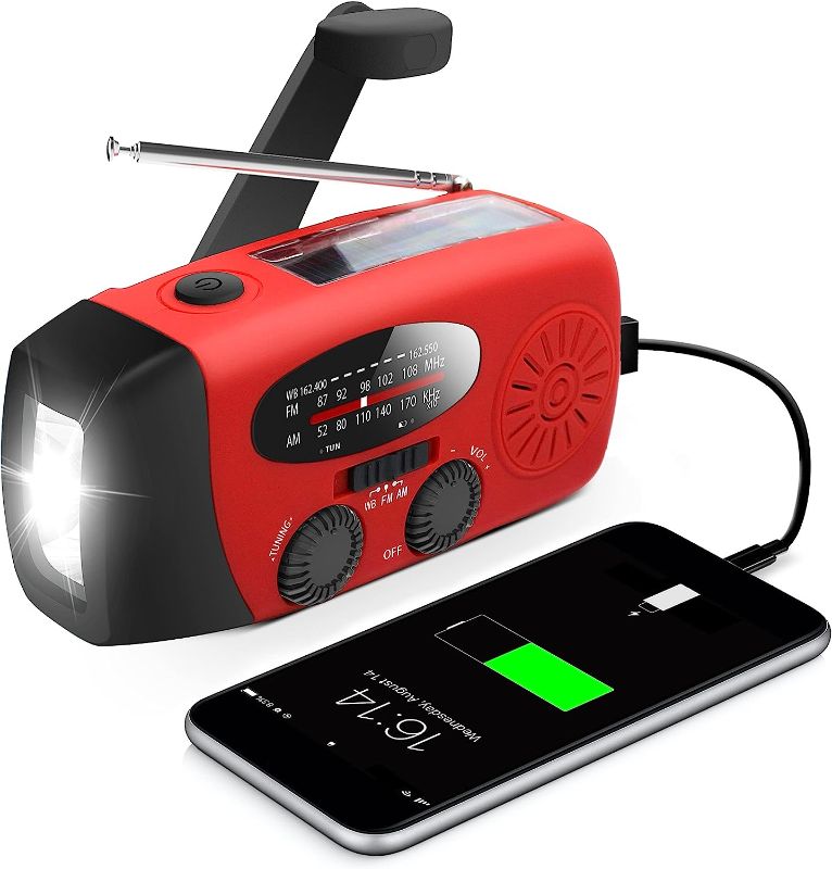 Photo 1 of [Upgraded Version] Emergency Weather AM/FM NOAA Solar Powered Wind up Radio with LED Flashlight, 1000/2000mAh Power Bank for Cell Phone and LED Flashlight (Red)