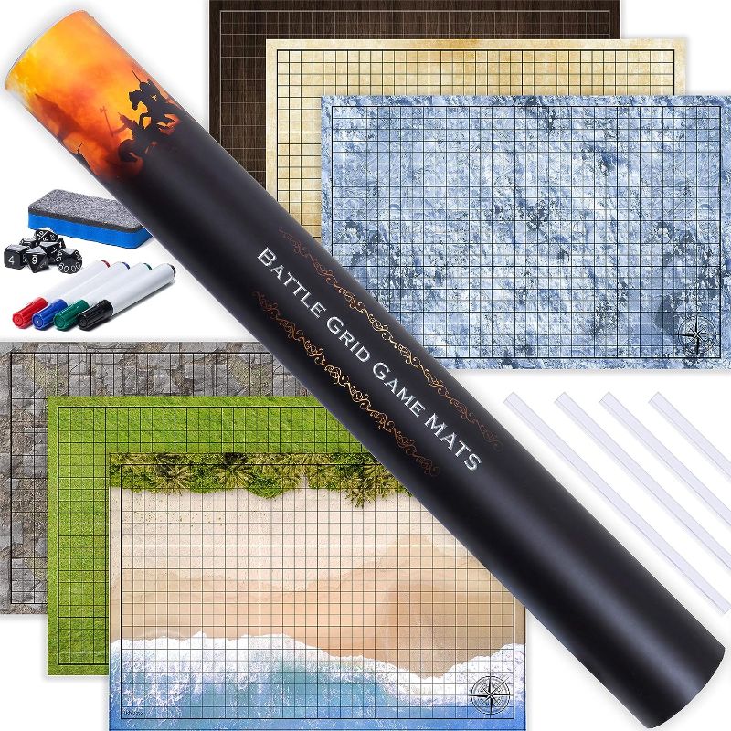 Photo 1 of Battle Grid Game Mat - 24"x36" Vinyl Game Mat - Table Top Role Playing Map - Reusable RPG Dungeons and Dragons (DND) Game Map - Portable Plastic Storage Tube and Markers, Eraser, Dice Set Included