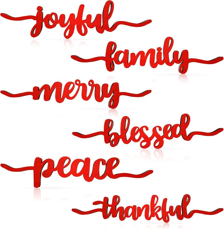 Photo 1 of 12 Pieces Christmas Thankful Blessed Merry Joyful Peace Family Wood Cutout Rustic Thankful Plate Letter Sign Decor Inspirational Letter Wood Sign for Home Table Plates Table Decorations (Red)