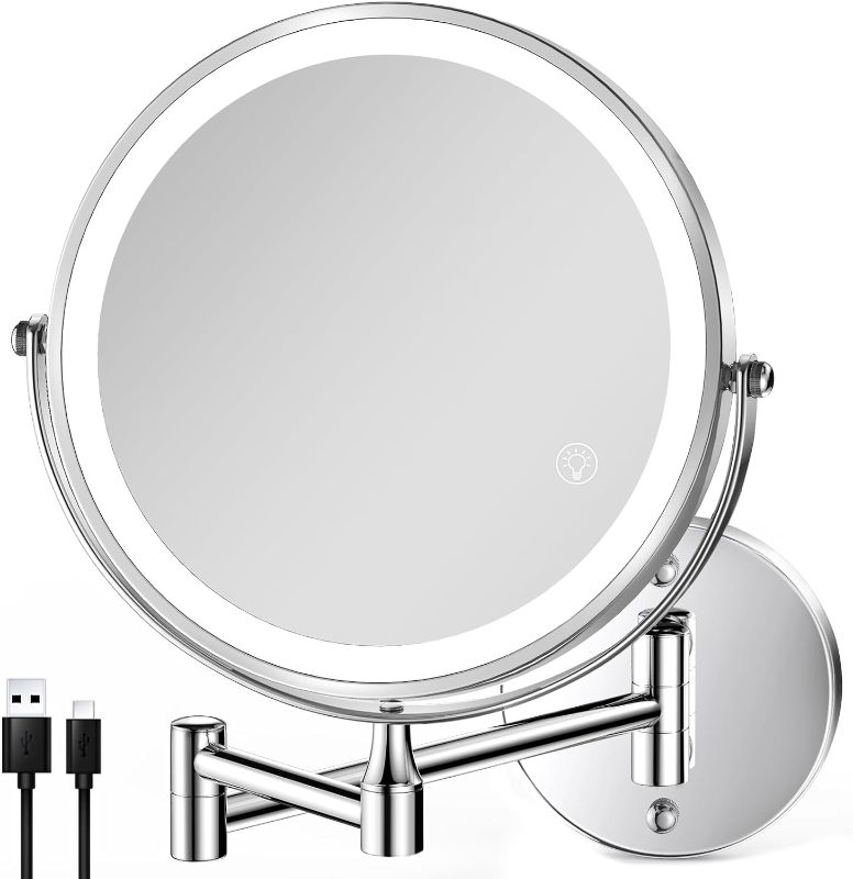 Photo 1 of  8.5 Inch Rechargeable Wall Mounted Lighted Makeup Mirror, Double-Sided 1X/10X LED Magnifying Vanity Mirror with Lights, 3 Color Lights Touch Screen Dimmable 360°Swivel 18 Inch Extendable - Chrome