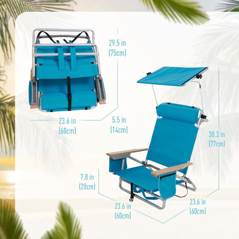 Photo 1 of 
PiQuick a?tivating Rest Folding Backpack Beach Chair, Aluminum 5-Position Flat-Insulated, Camping Chair with Headrest and Collapsible Sun Shade, Towel Bar-Storage, Cooler Pouch (Blue)
