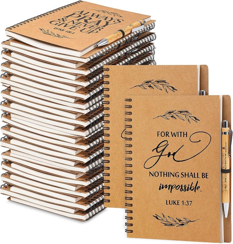 Photo 1 of Kosiz 60 Pcs Christian Gifts Bulk A5 Spiral Notebook and Bible Bamboo Ballpoint Pen Prayer Journal Religious Party Favors God Scripture Notepad for Women Family Church(5.5 x 8.3'')
