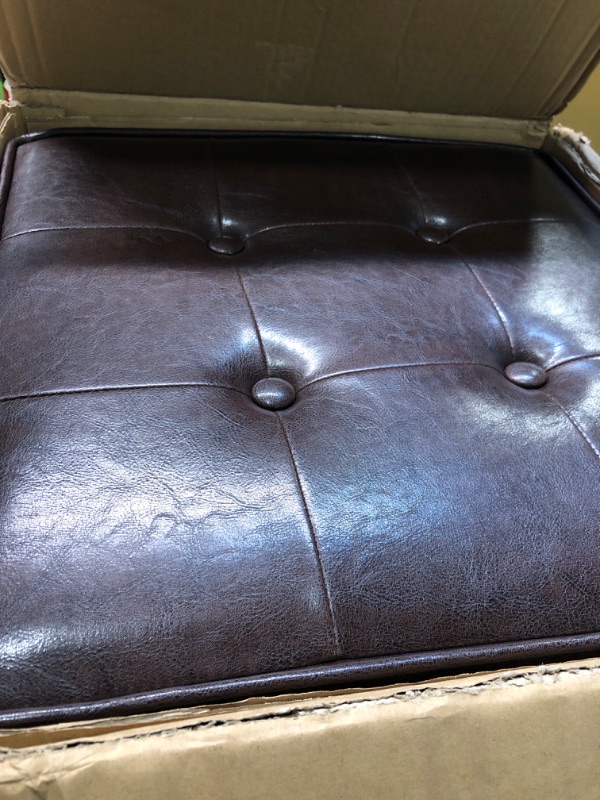 Photo 2 of HomePop Leatherette Tufted Square Storage Ottoman with Hinged Lid, Brown Small