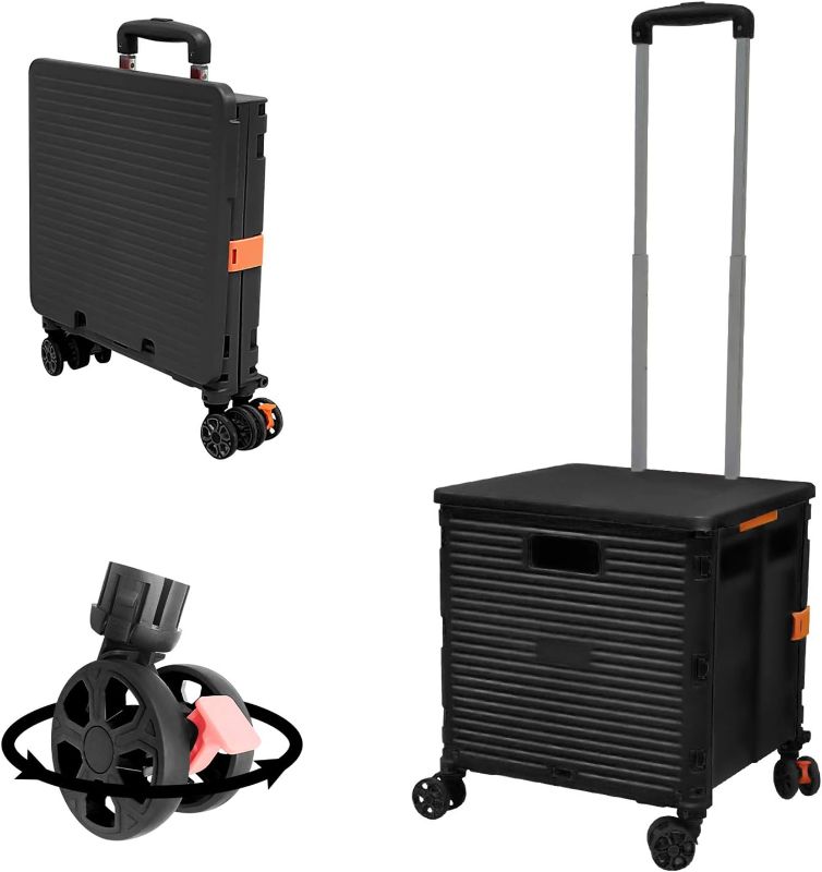 Photo 1 of FELICON SELORSS Foldable Utility Cart Folding Portable Rolling Crate Handcart with Durable Heavy Duty Plastic Telescoping Handle Collapsible 4 Rotate Wheels for Travel Shop Move Luggage Office(Black)
